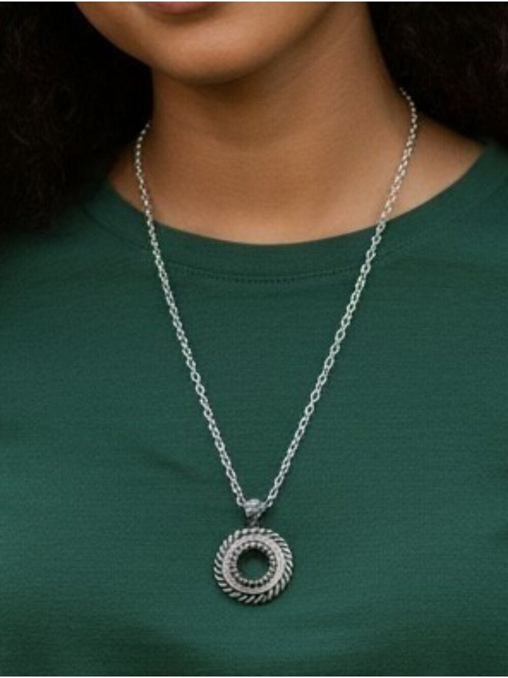 Silver Twisted Circle Pendant Necklace Rhinestones
